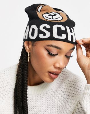 Moschino teddy logo beanie hat in black