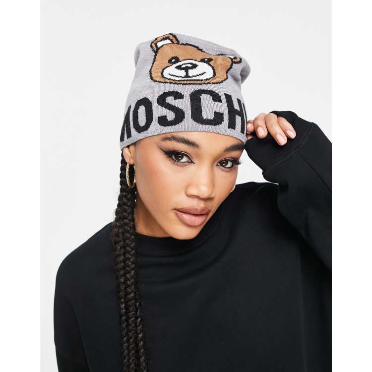 Moschino teddy logo beanie hat in gray