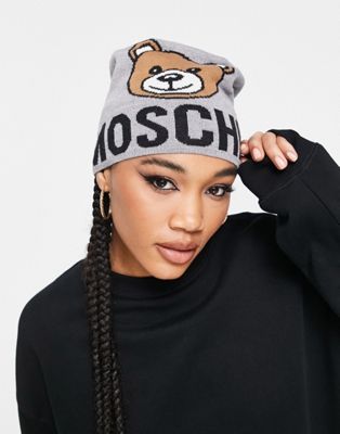 Moschino teddy logo beanie hat in grey