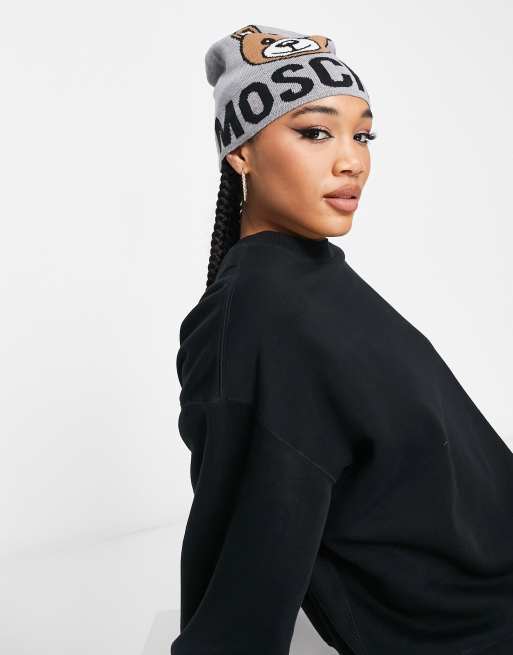 Moschino teddy logo beanie hat in grey | ASOS display picture 1
