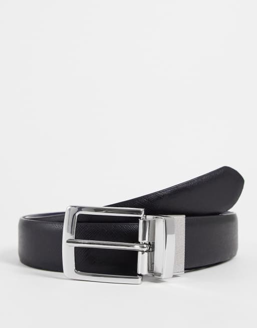 Moss Bros - Ceinture réversible habillée avec boucle argentée - Noir et bleu marine