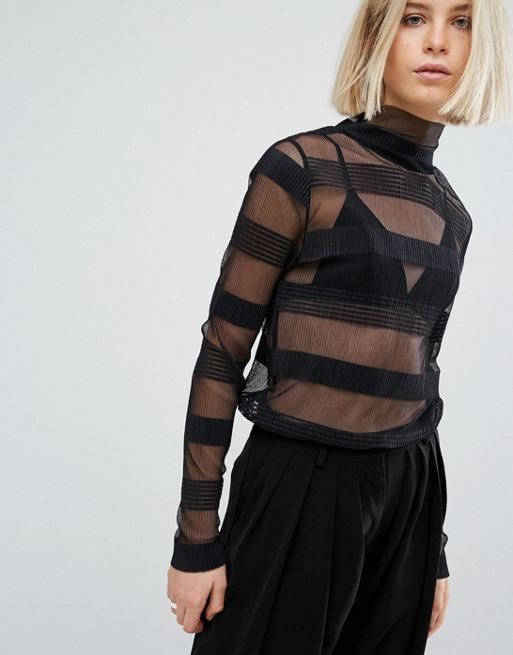 Shape Black Lace Mesh Long Sleeve Stripe Bodysuit