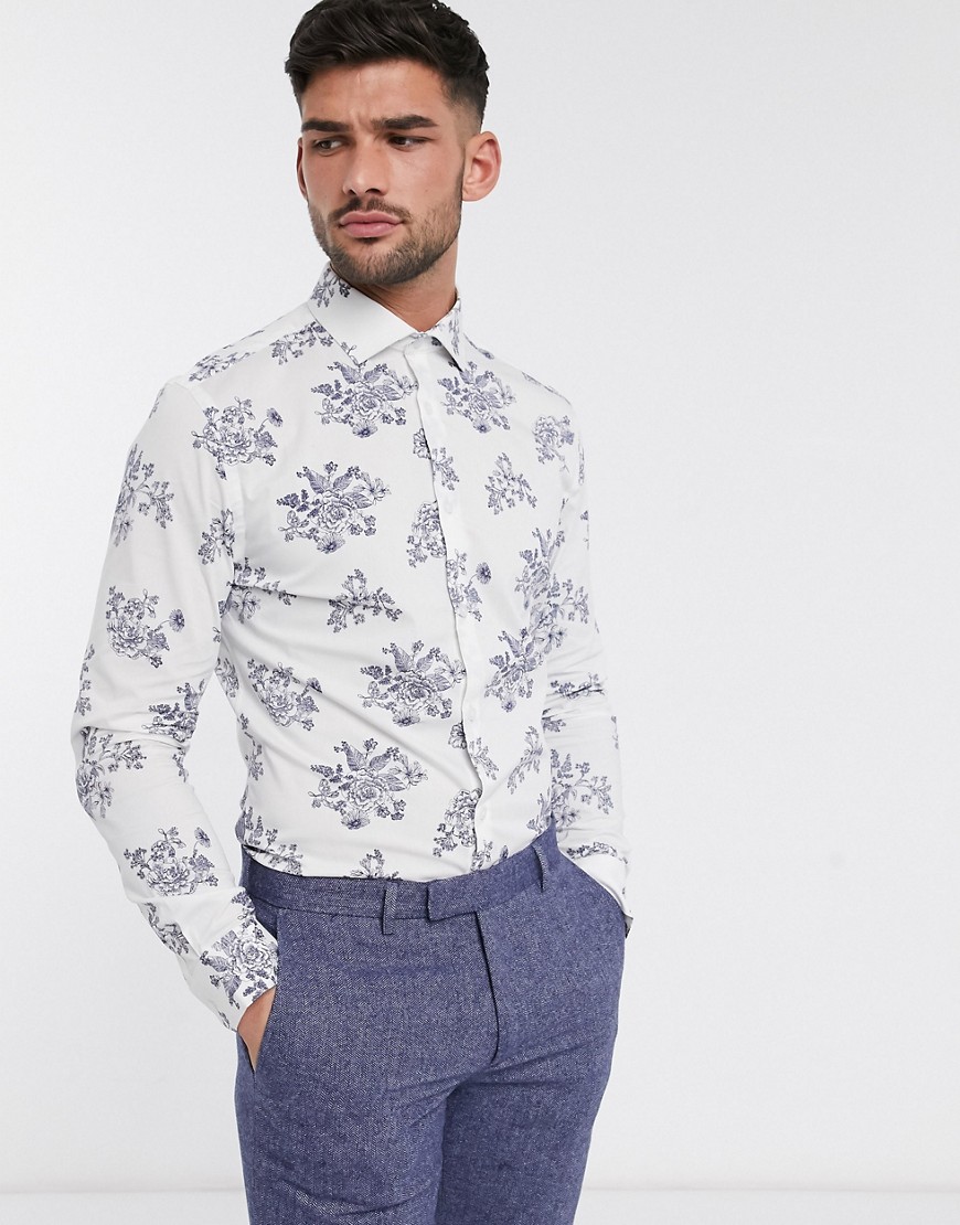 Moss London - Camicia slim bianca con stampa a fiori blu-Bianco