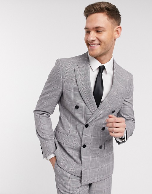 Moss London eco double breasted suit jacket in grey and pink check