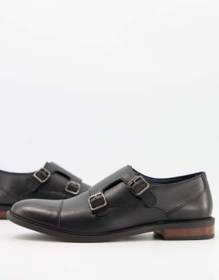 Moss London leather monk shoe in black