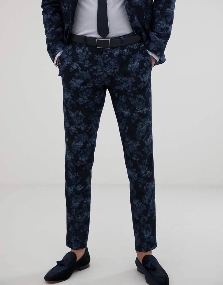 Moss London – Marinblå blommiga kostymbyxor med smal passform