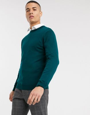 Moss London - Merino trui met ronde hals in koninklijk groenblauw