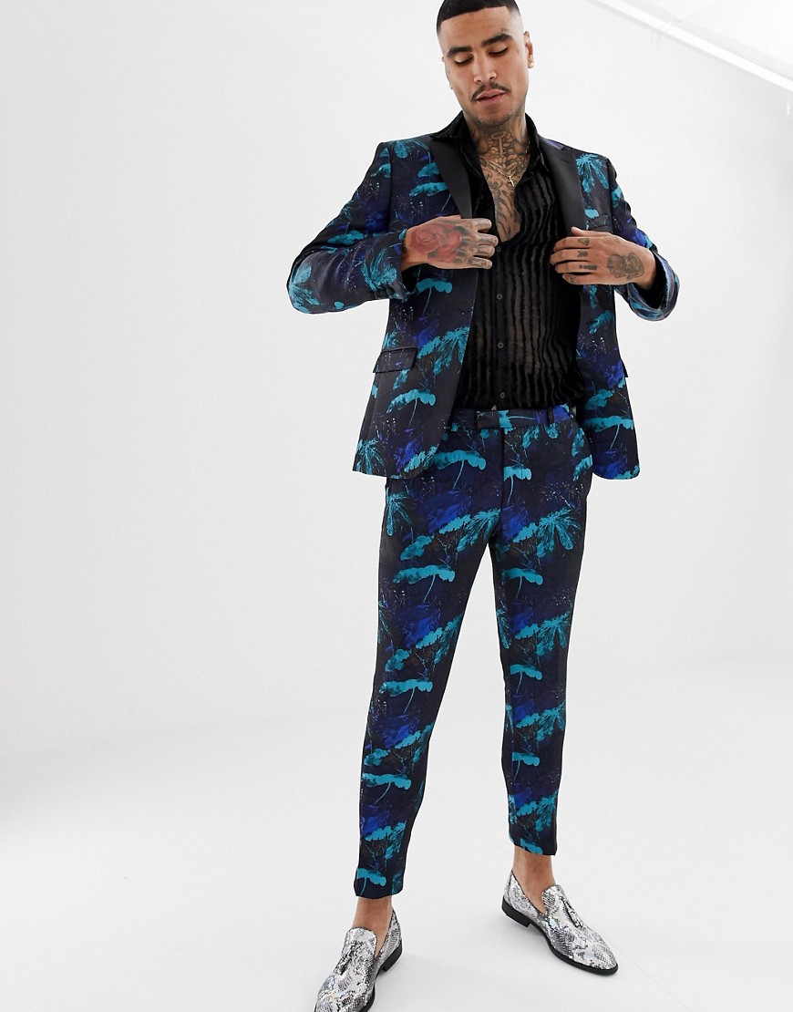 Moss London - Pantalon van jacquard met bloemenprint in turquoise-Blauw