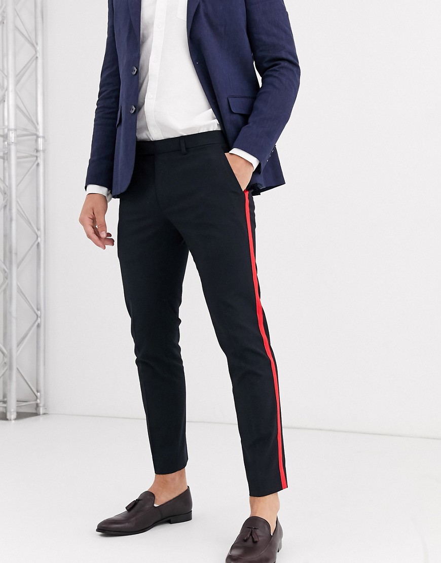 Moss London - Pantaloni eleganti blu navy a righe rosse