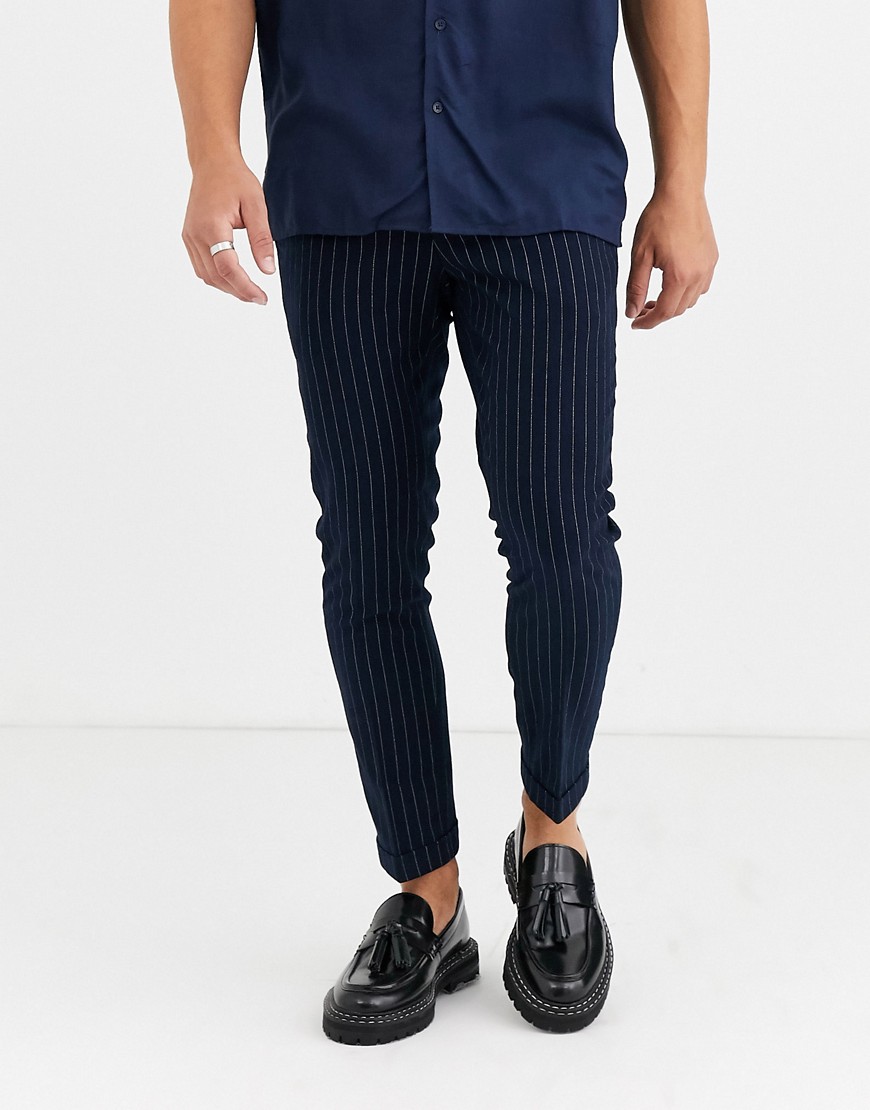 Moss London - Pantaloni eleganti blu navy gessati