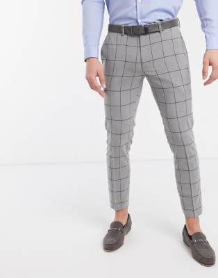 Moss London pants with windowpane check in gray | ASOS