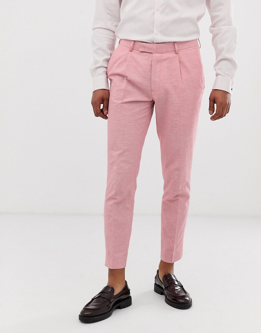 Moss Bros - Moss london – rosa byxor med linne-look och smal passform