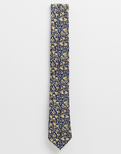 Moss London rose print tie in navy and gold