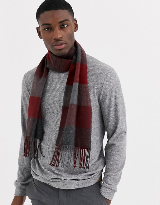 Moss London scarf in burgundy grey block check