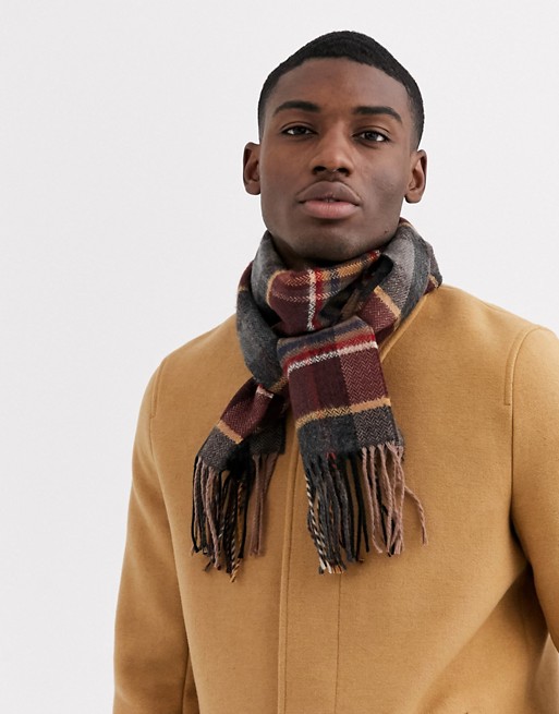 Moss London scarf in classic grey burgundy and camel check