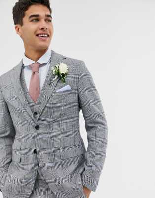 Moss London skinny suit jacket with check boucle-Grey Grey