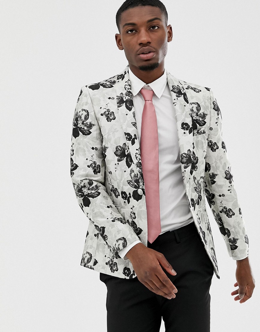 Moss London slim blazer with floral jacquard in grey