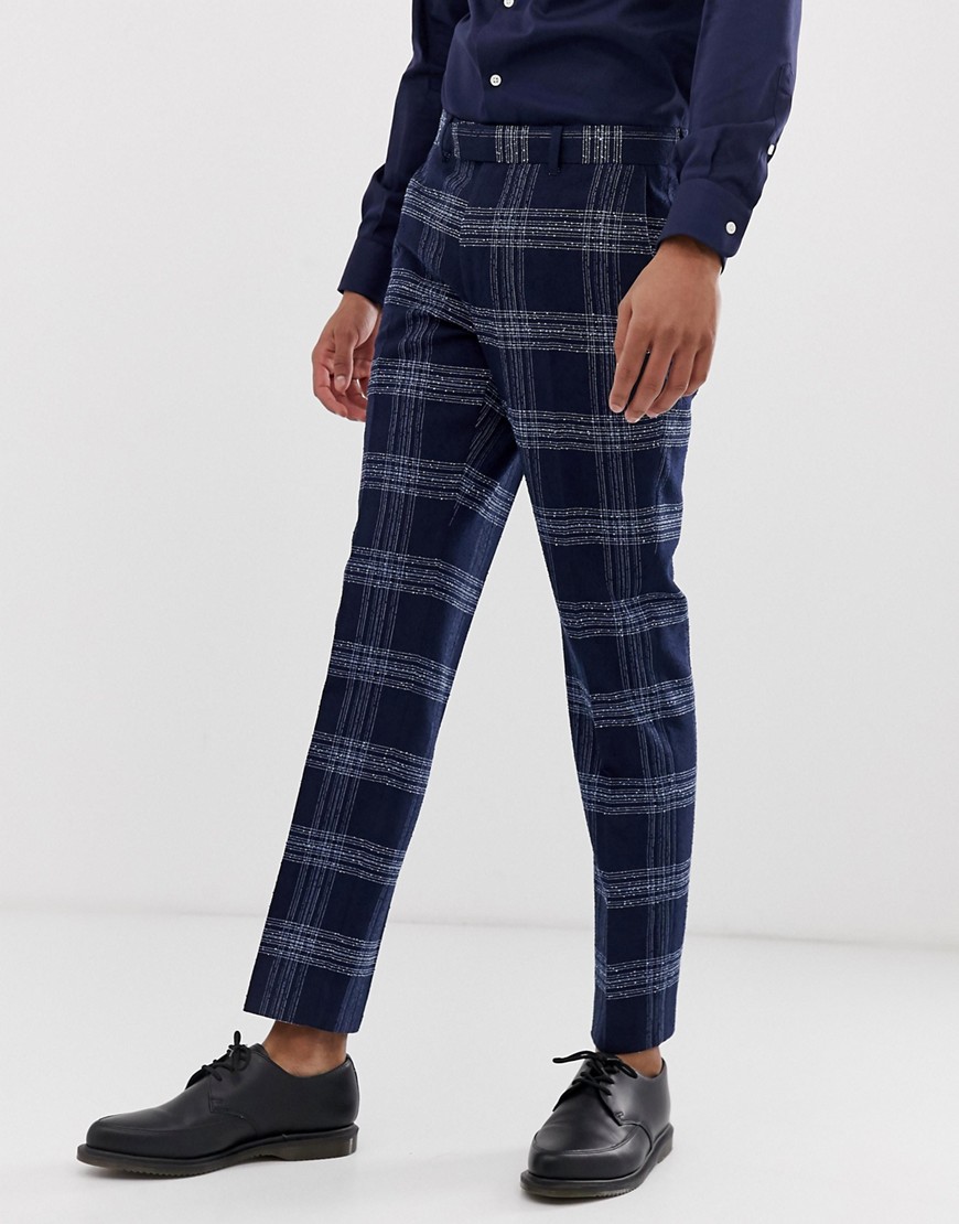 Moss London - Slim-fit pantalon met blauwe ruit-Marineblauw