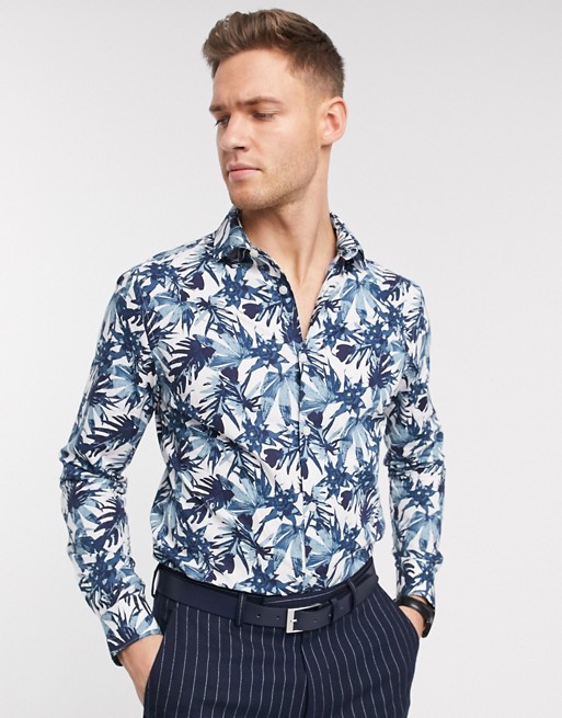 Moss London slim fit shirt with palm print in navy
