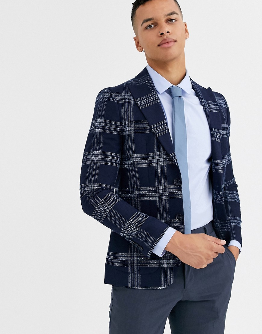 Moss London slim fit suit jacket in blue check-Navy