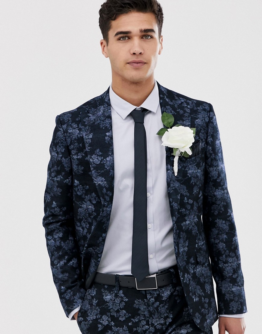 Moss London slim fit suit jacket with floral print in navy-Blue