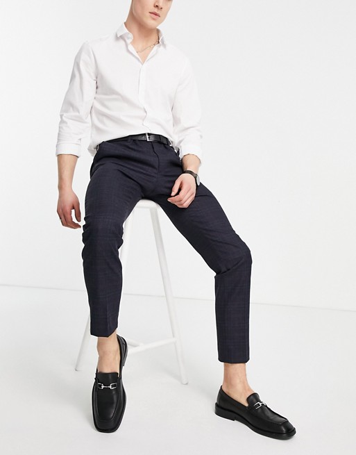 Moss London slim fit suit trousers in navy check