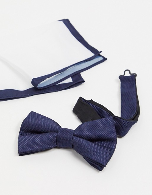 Moss London textured bow tie & pocket square set in navy