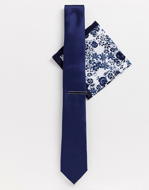 Moss London tie pocket square and pin set in navy