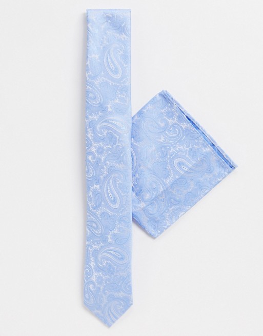 Moss London tie & pocket square set in powder blue paisley print