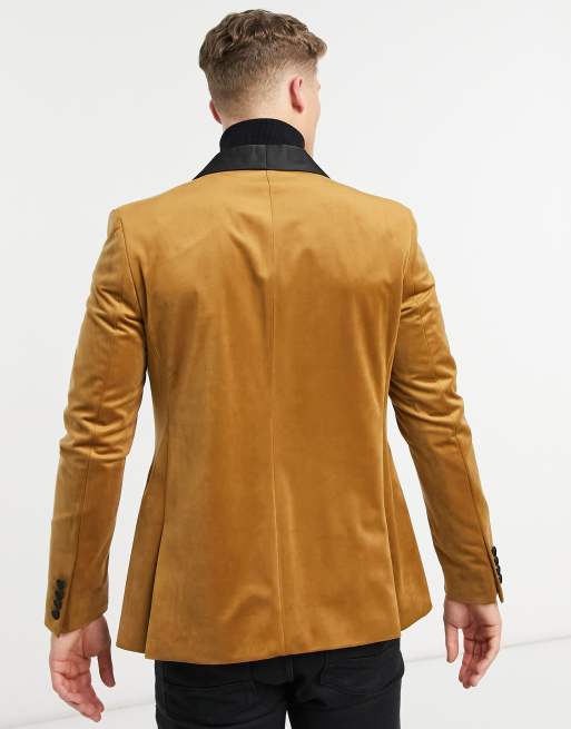 Mens Moss Orange Slim Fit Camel Velvet Jacket - Orange