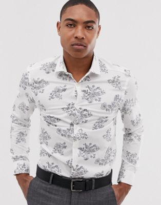 Moss London - Wit skinny-fit overhemd met zwart-witte bloemenprint