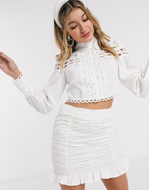 Mossman lace cutwork cropped blouse in white