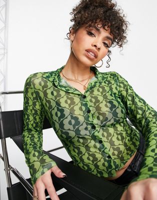Motel 90s fitted shirt in green wavy daisy print