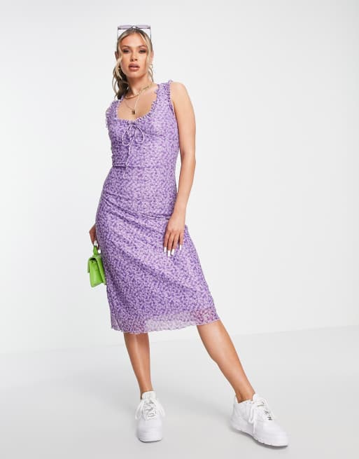 Motel 90s frill bust midi dress in lilac floral mesh