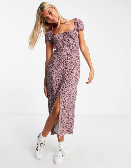 Motel 90s grunge floral button through midi dress in burgundy and pink