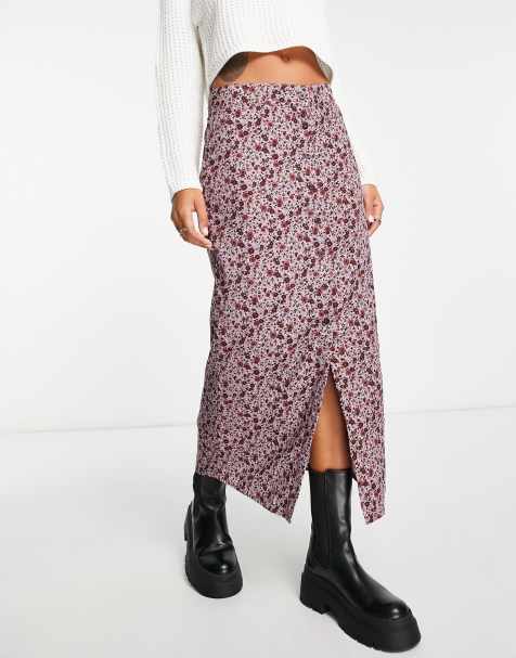 Motel 90s grunge floral button through midi skirt in burgundy and pink - view 1