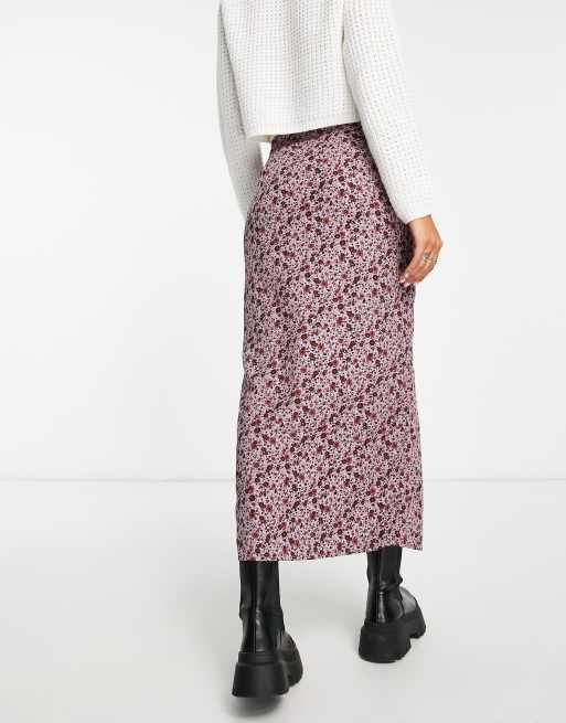 Motel 90s grunge floral button through midi skirt in burgundy and pink ASOS