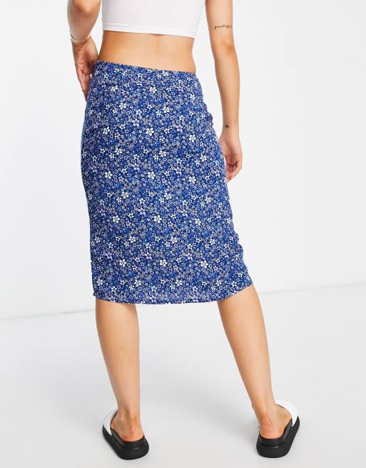 Motel 90s midi slip skirt in retro blue ditsy floral, 2 of 4
