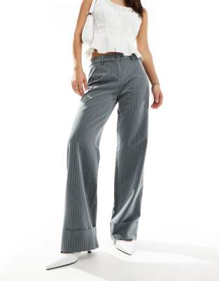 Motel Abba Low Rise Pinstripe Wide Leg Pants In Gray