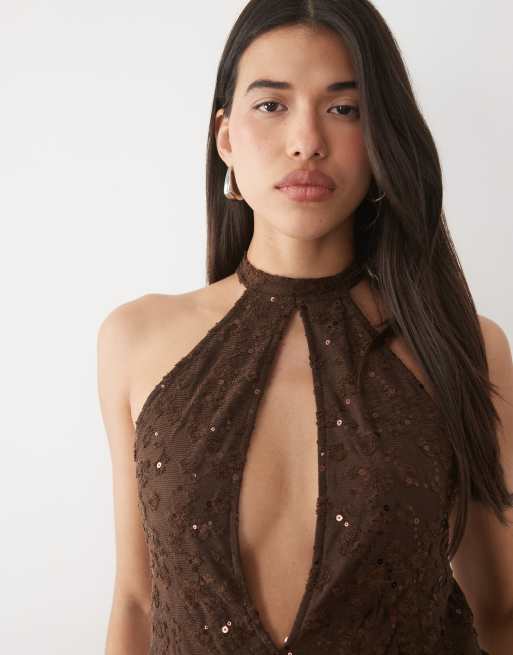 Motel abito corto con apertura sull'addome e paillettes marrone, 3 di 4