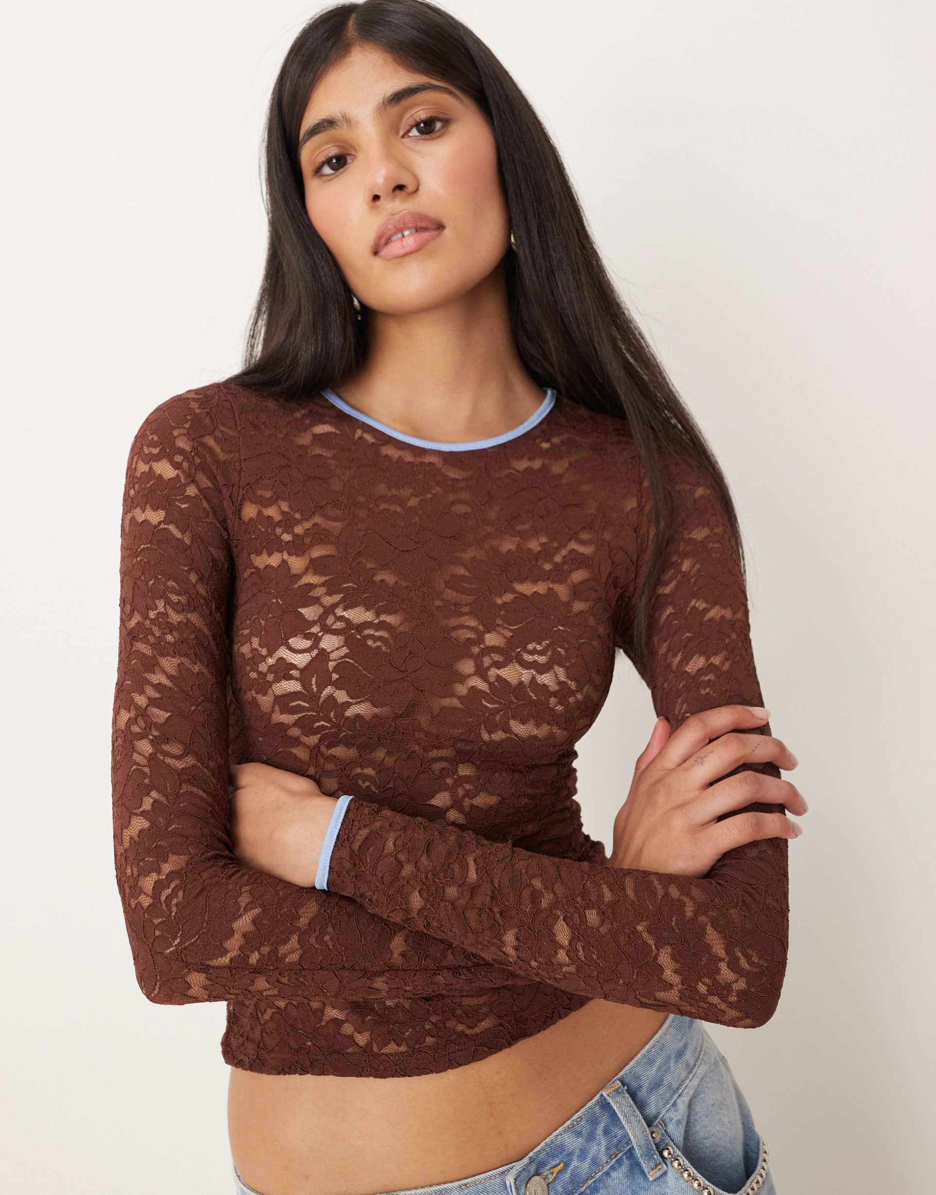 motel abon long sleeve lace top in brown