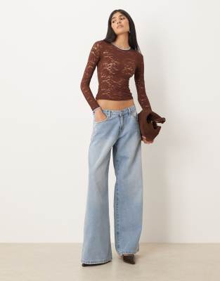 Motel Abon Long Sleeve Lace Top In Brown