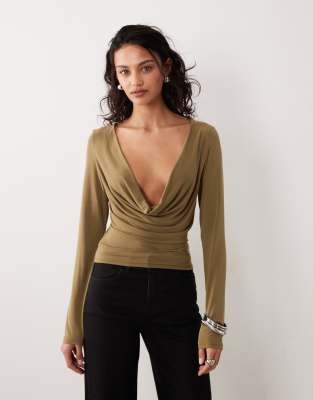 Motel Adaya Long Sleeve Cowl Neck Cupro Top In Green