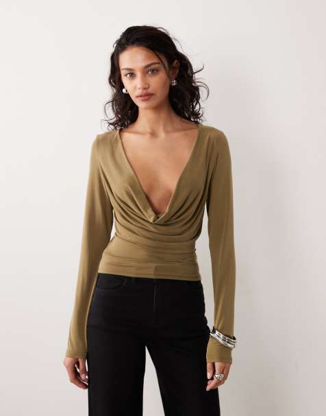 Motel Adaya long sleeve cowl neck cupro top in olive green - view 1