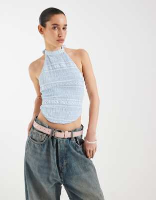 Motel Adisti Sequin Mesh High Neck Tie Up Top In Multi