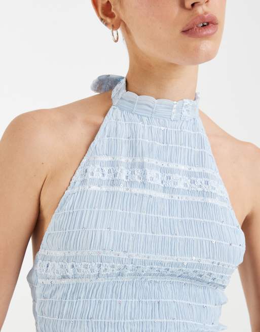 Motel Adisti sequin mesh high neck tie up top in baby blue, 3 of 4