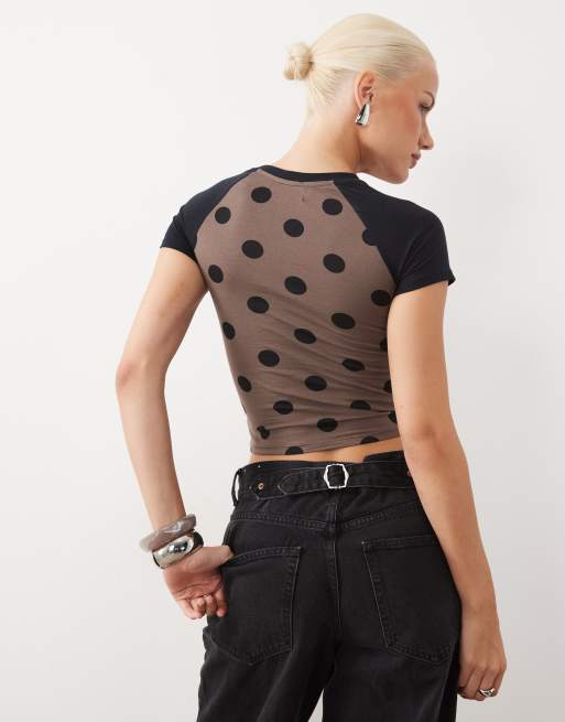 Motel Agneta polka dot baby tee in brown mix, 4 of 4