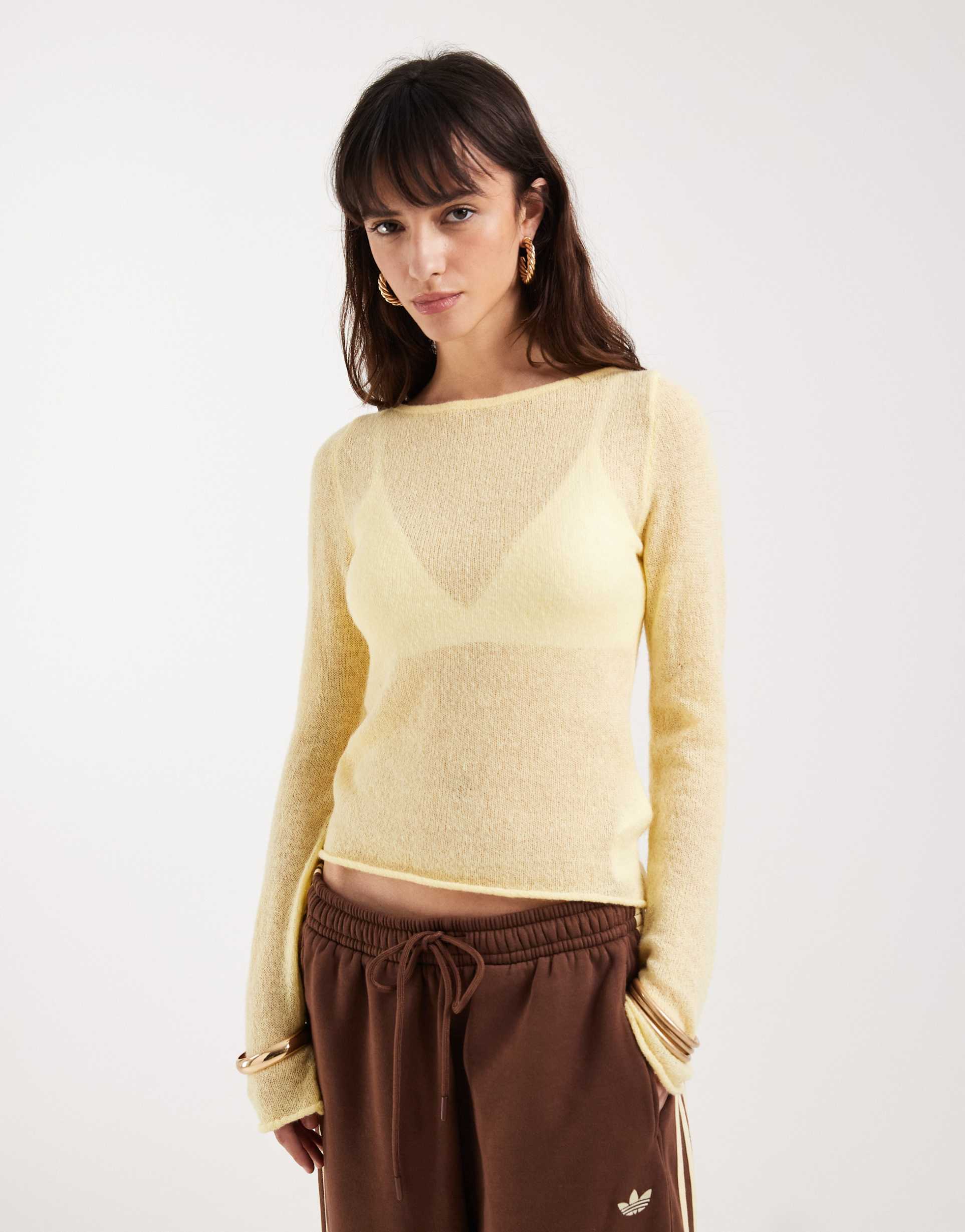 motel aika sheer knit long sleeve top in yellow
