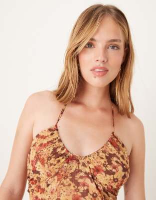Motel Alette Floral Print Halter Midaxi Dress In Brown