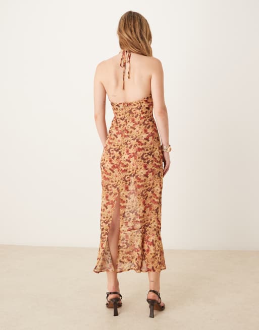 Motel Alette floral print halter midaxi dress in rust, 3 of 4